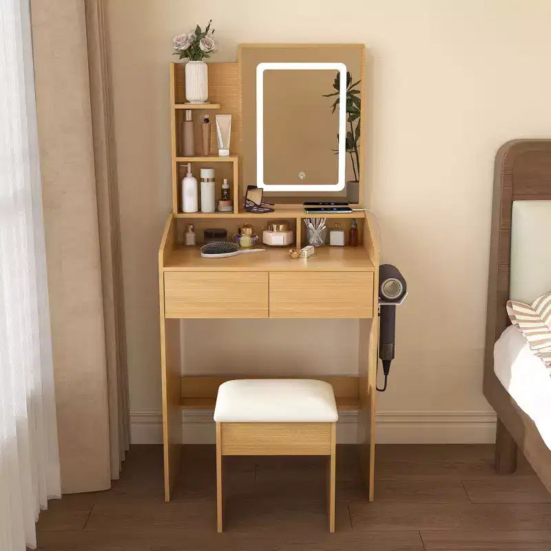Okak Modern Vanity Table with Mirror & Adjustable LED Lights,Storage Dressing Desk with Power Outlet & Stool,Makeup Table for Small Bedrooms