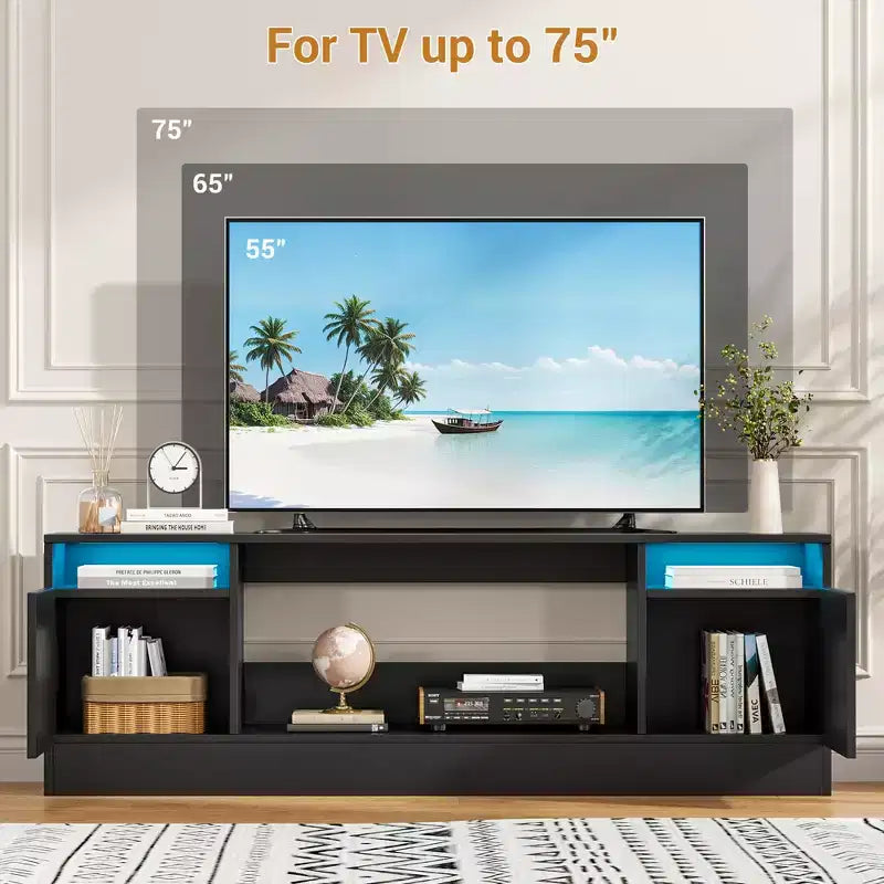 Modern TV Stand for TVs Up to 75'', 70 Wooden Entertainment Center with Storage, Compatible with 36 Electric Fireplace (Fireplace Not Included)