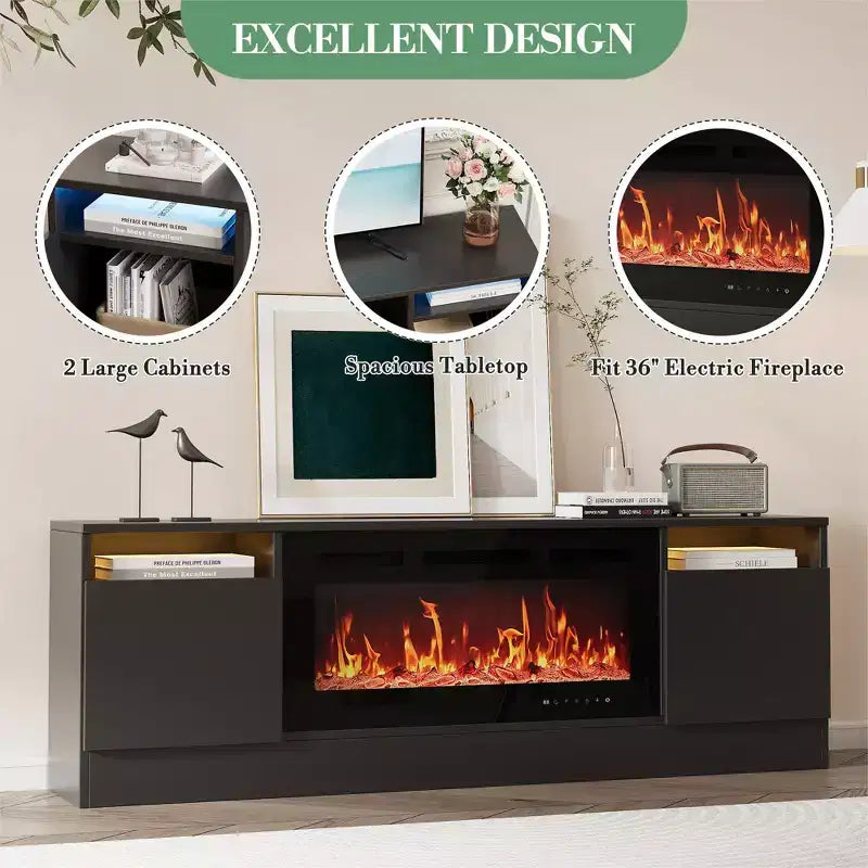 Modern TV Stand for TVs Up to 75'', 70 Wooden Entertainment Center with Storage, Compatible with 36 Electric Fireplace (Fireplace Not Included)