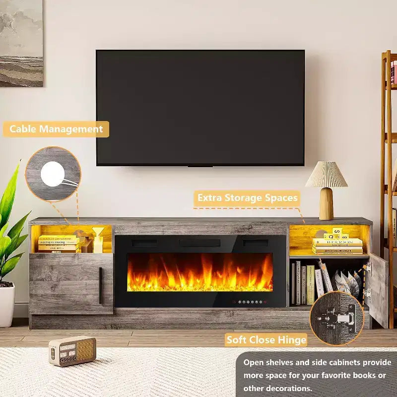 Modern TV Stand for TVs Up to 75'', 70 Wooden Entertainment Center with Storage, Compatible with 36 Electric Fireplace (Fireplace Not Included)