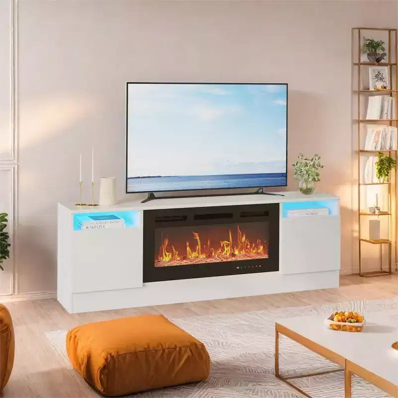 Modern TV Stand for TVs Up to 75'', 70 Wooden Entertainment Center with Storage, Compatible with 36 Electric Fireplace (Fireplace Not Included)