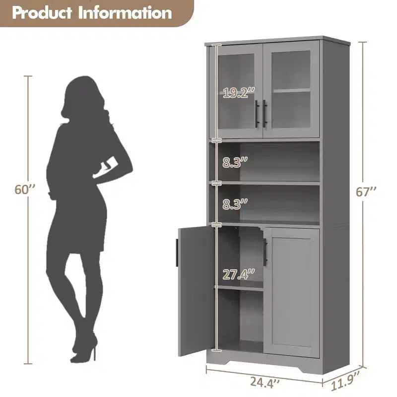 Tall Storage Cabinet with Glass Doors, 67 Freestanding Pantry Cabinet with Adjustable Shelves for Kitchen and Living Room