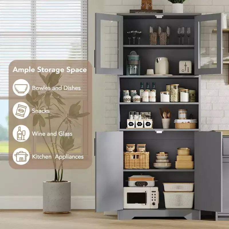 Tall Storage Cabinet with Glass Doors, 67 Freestanding Pantry Cabinet with Adjustable Shelves for Kitchen and Living Room