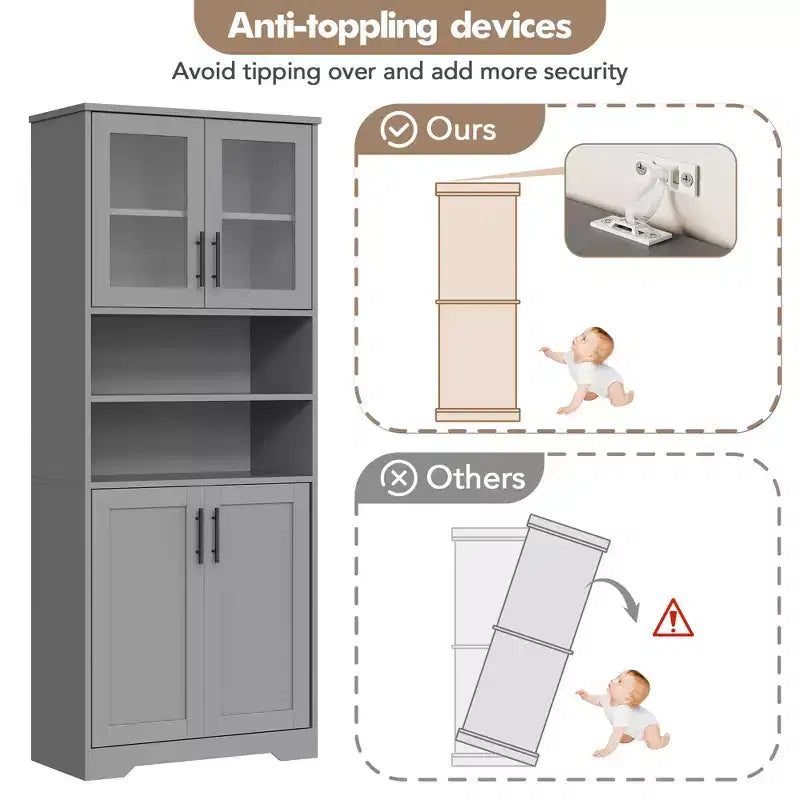 Tall Storage Cabinet with Glass Doors, 67 Freestanding Pantry Cabinet with Adjustable Shelves for Kitchen and Living Room