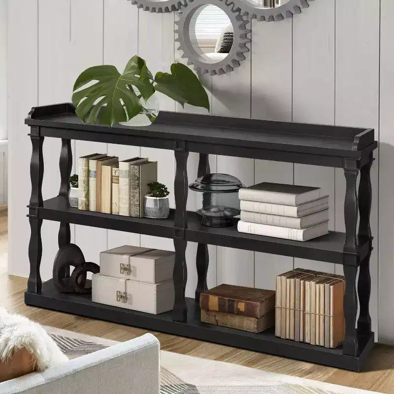 Okak Entryway Table with 3-Tier Open Storage Spaces, Console Table with Roman Column Effect Support Legs, Narrow Console Table for Hallway