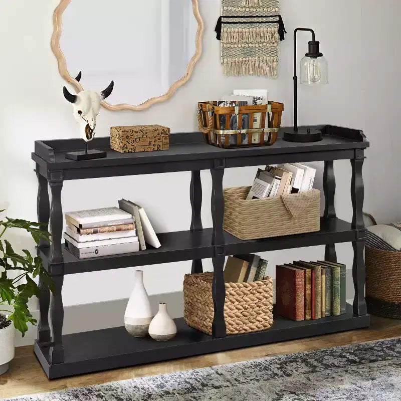 Okak Entryway Table with 3-Tier Open Storage Spaces, Console Table with Roman Column Effect Support Legs, Narrow Console Table for Hallway