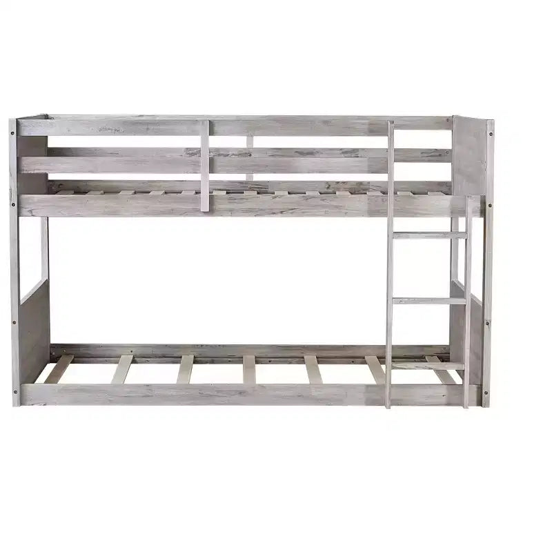 Okak Twin over Twin Floor Bunk Bed with Rubber Wood Frame, Toddler Bunk Beds with Panelled Headboard and Footboard, Bed Frames for Bedroom