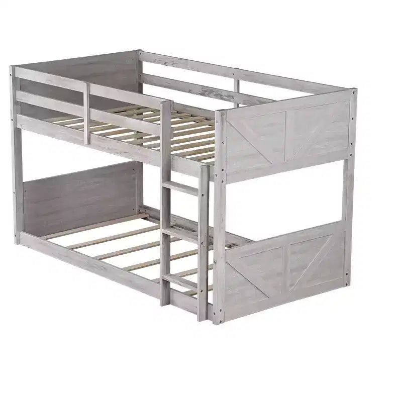 Okak Twin over Twin Floor Bunk Bed with Rubber Wood Frame, Toddler Bunk Beds with Panelled Headboard and Footboard, Bed Frames for Bedroom