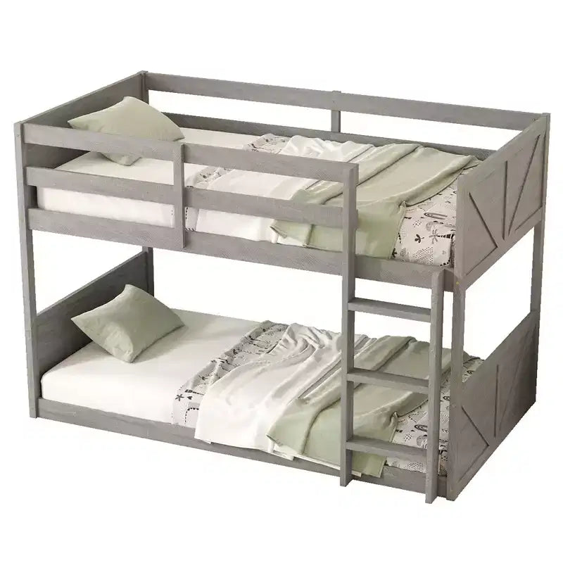 Okak Twin over Twin Floor Bunk Bed with Rubber Wood Frame, Toddler Bunk Beds with Panelled Headboard and Footboard, Bed Frames for Bedroom