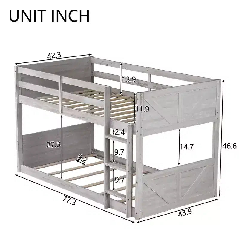 Okak Twin over Twin Floor Bunk Bed with Rubber Wood Frame, Toddler Bunk Beds with Panelled Headboard and Footboard, Bed Frames for Bedroom