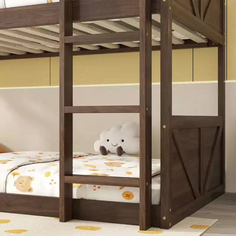 Okak Twin over Twin Floor Bunk Bed with Rubber Wood Frame, Toddler Bunk Beds with Panelled Headboard and Footboard, Bed Frames for Bedroom