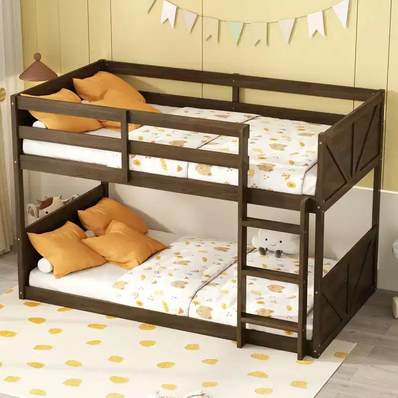Okak Twin over Twin Floor Bunk Bed with Rubber Wood Frame, Toddler Bunk Beds with Panelled Headboard and Footboard, Bed Frames for Bedroom