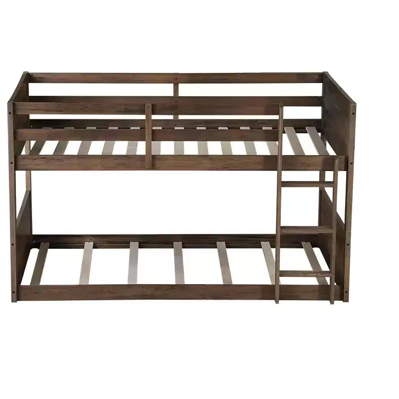 Okak Twin over Twin Floor Bunk Bed with Rubber Wood Frame, Toddler Bunk Beds with Panelled Headboard and Footboard, Bed Frames for Bedroom