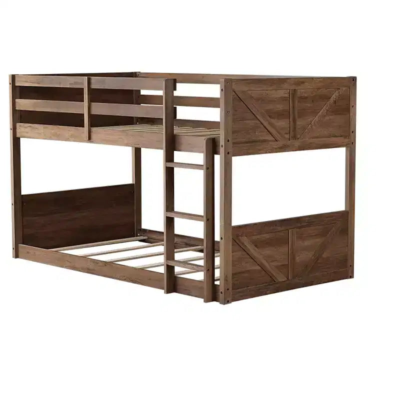Okak Twin over Twin Floor Bunk Bed with Rubber Wood Frame, Toddler Bunk Beds with Panelled Headboard and Footboard, Bed Frames for Bedroom