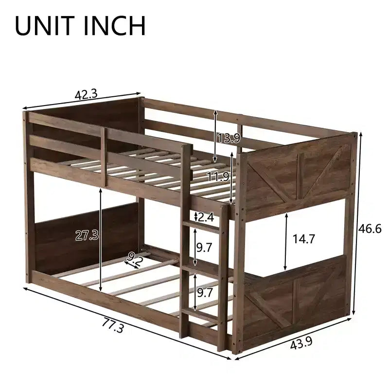 Okak Twin over Twin Floor Bunk Bed with Rubber Wood Frame, Toddler Bunk Beds with Panelled Headboard and Footboard, Bed Frames for Bedroom