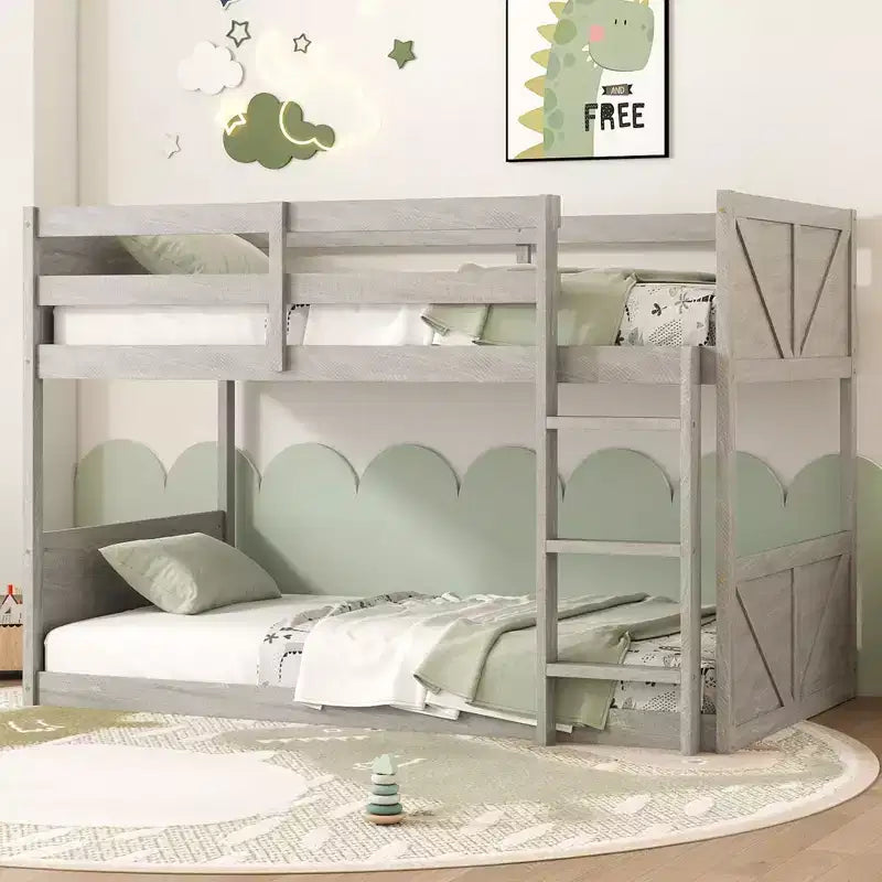 Okak Twin over Twin Floor Bunk Bed with Rubber Wood Frame, Toddler Bunk Beds with Panelled Headboard and Footboard, Bed Frames for Bedroom