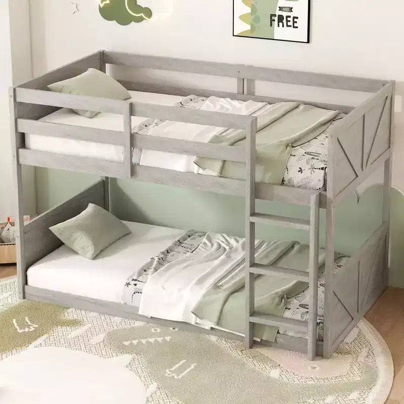 Okak Twin over Twin Floor Bunk Bed with Rubber Wood Frame, Toddler Bunk Beds with Panelled Headboard and Footboard, Bed Frames for Bedroom