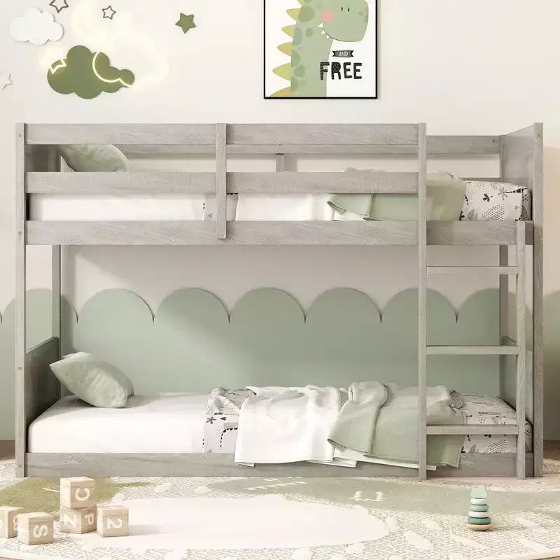 Okak Twin over Twin Floor Bunk Bed with Rubber Wood Frame, Toddler Bunk Beds with Panelled Headboard and Footboard, Bed Frames for Bedroom