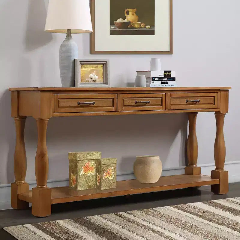 Okak 61IN Vintage Long Pine Console Table, Entryway Table with 3 Drawers and 1 Bottom Shelf, Accent Table for Entryway, Living Room