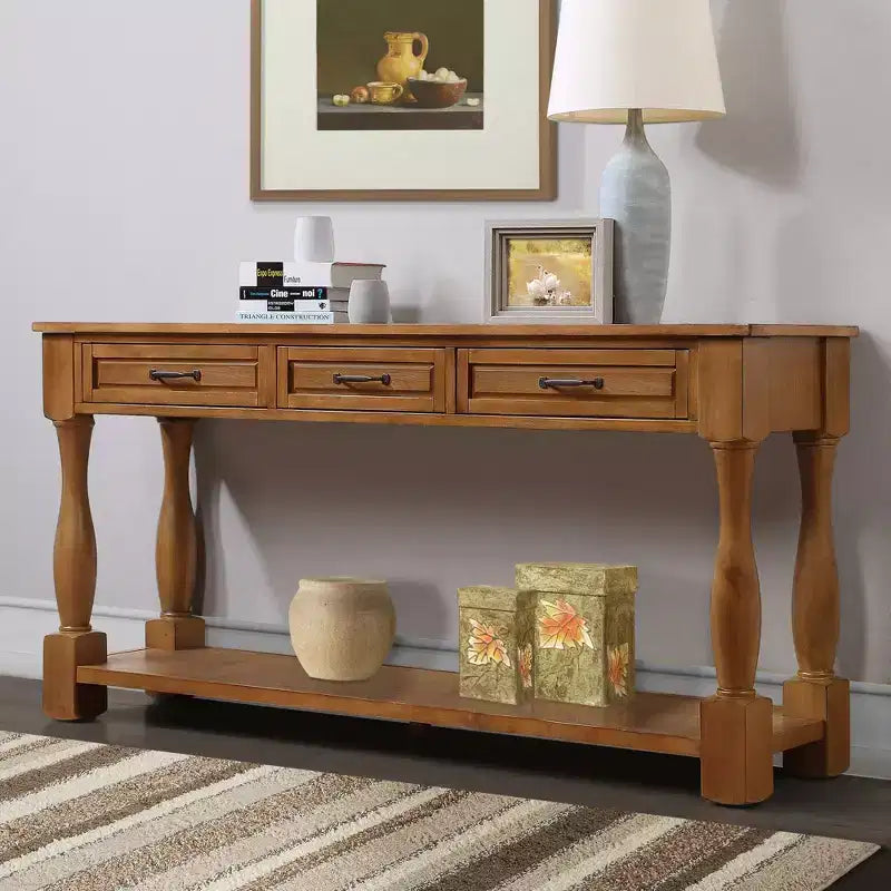 Okak 61IN Table console vintage en pin, Table d'entrée avec 3 tiroirs et 1 étagère inférieure, Table d'appoint pour l'entrée, le salon