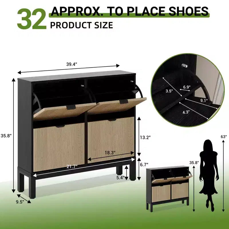 Meuble à chaussures TruAIR à 4 tiroirs - Organisateur d'entrée étroit autoportant avec pieds en métal pour couloir/vestibule