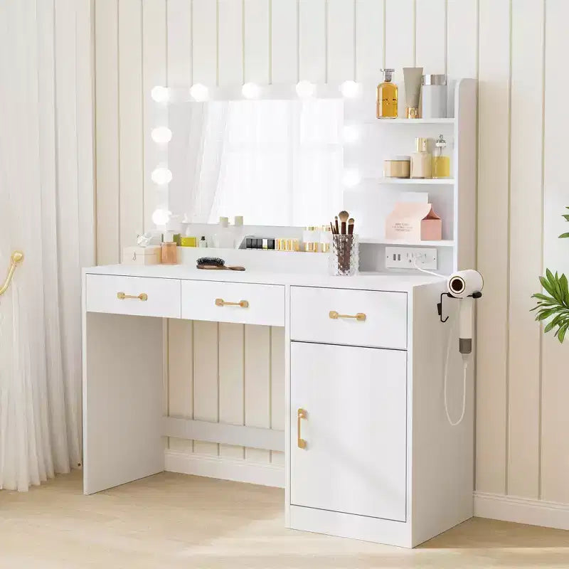 COZONY Makeup Vanity Table with Mirror, LED Bulbs & Power Outlet, Modern Dressing Table with 3 Drawers & Storage Shelves for Bedroom , White