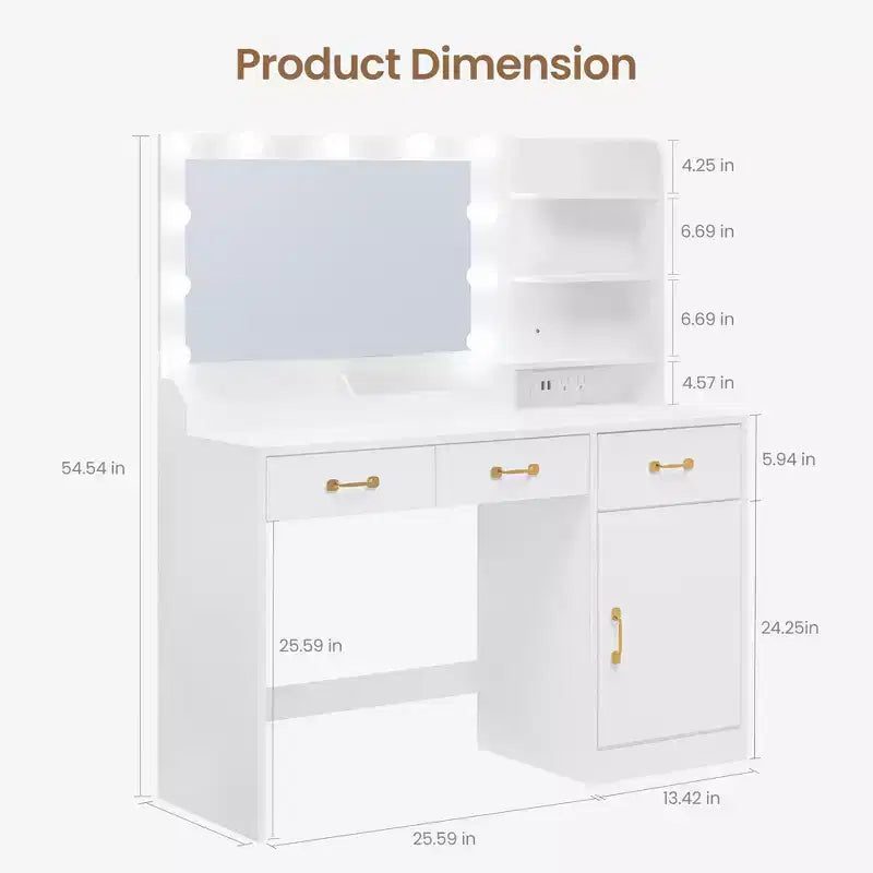Toeletta con Specchio, Lampadine LED e Presa di Corrente, 3 Cassetti, Bianco