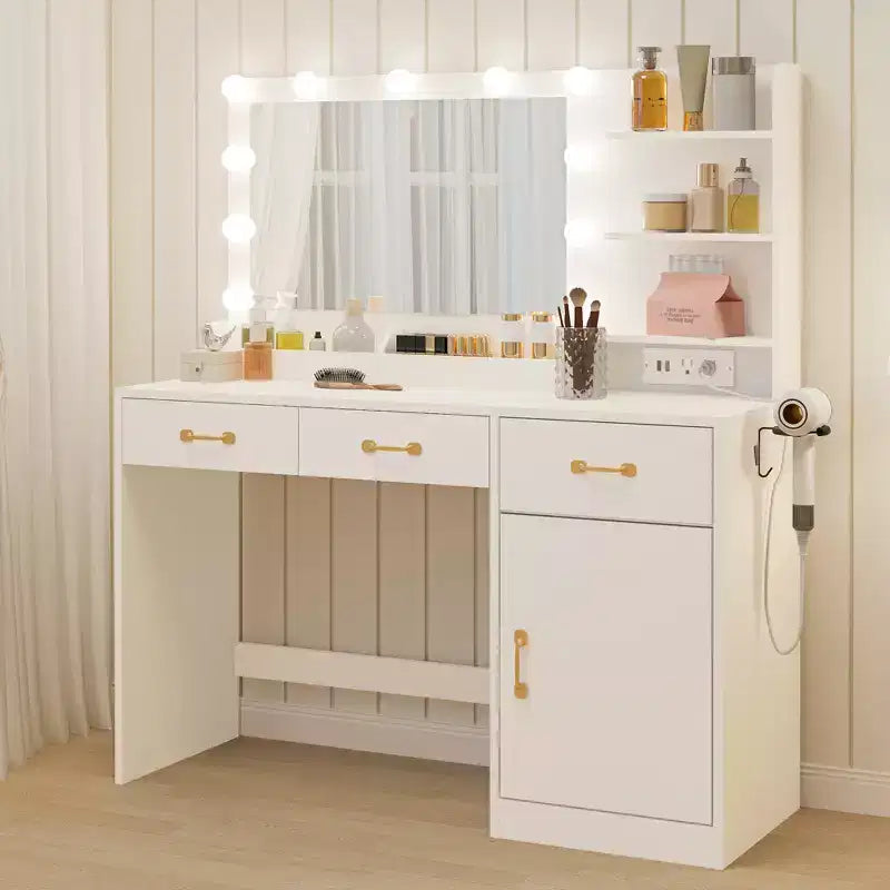 Toeletta con Specchio, Lampadine LED e Presa di Corrente, 3 Cassetti, Bianco
