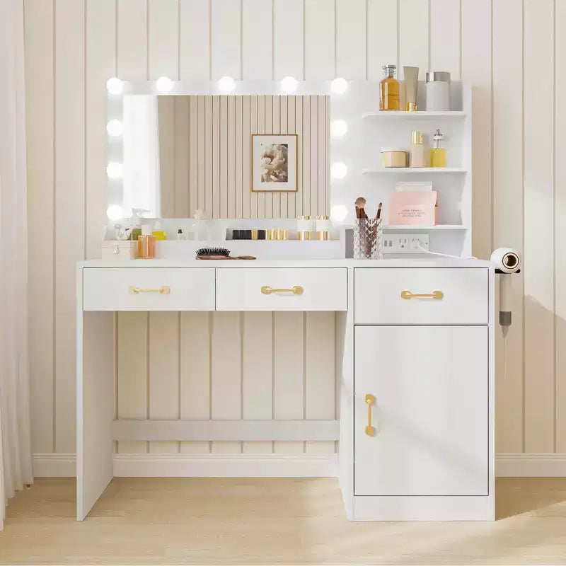 Toeletta con Specchio, Lampadine LED e Presa di Corrente, 3 Cassetti, Bianco