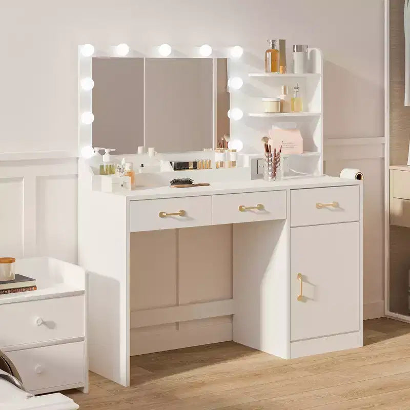Toeletta con Specchio, Lampadine LED e Presa di Corrente, 3 Cassetti, Bianco