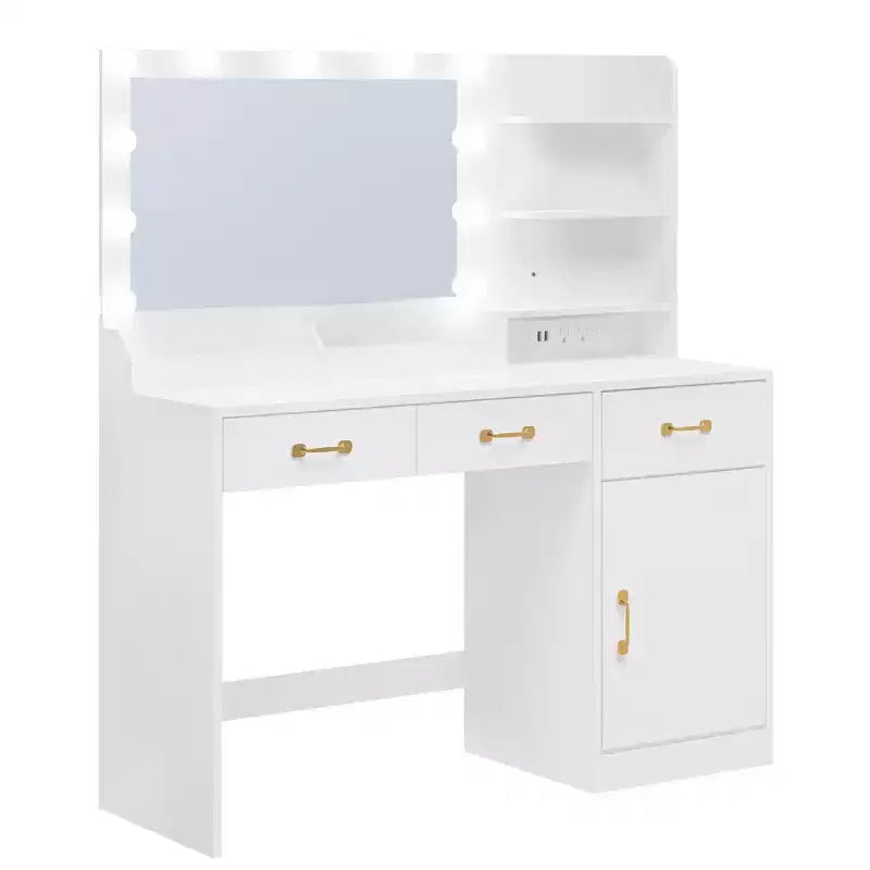 Toeletta con Specchio, Lampadine LED e Presa di Corrente, 3 Cassetti, Bianco