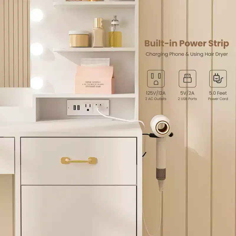 Toeletta con Specchio, Lampadine LED e Presa di Corrente, 3 Cassetti, Bianco