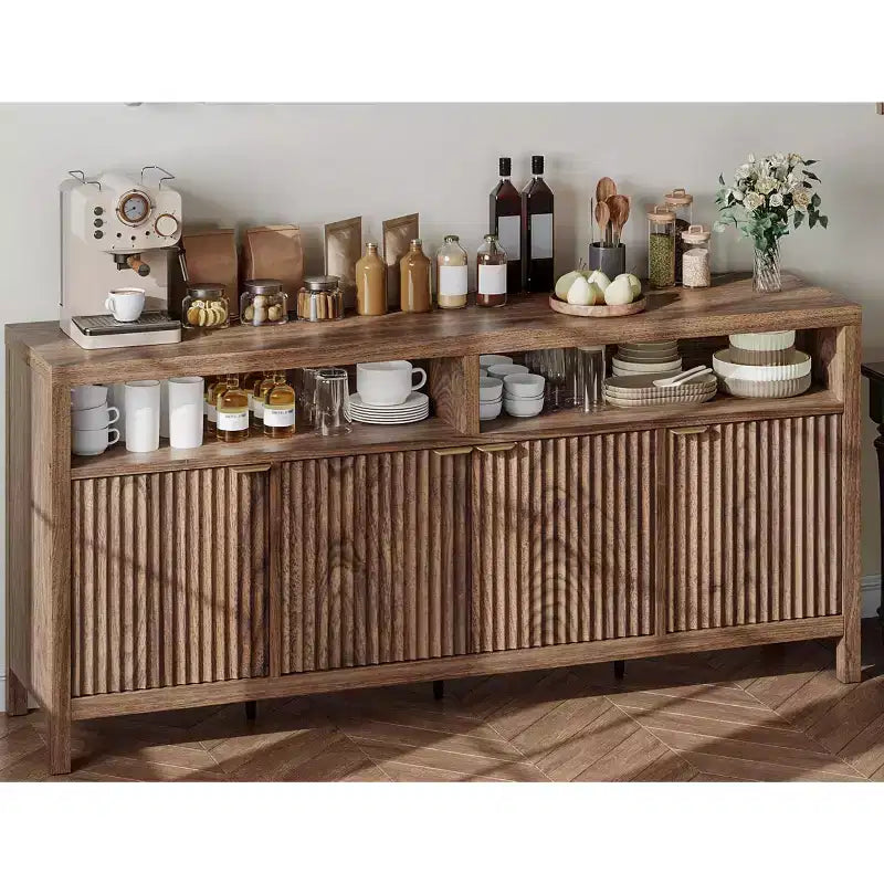 Buffet en bois cannelé de 167 cm, avec 4 portes de rangement pour salle à manger