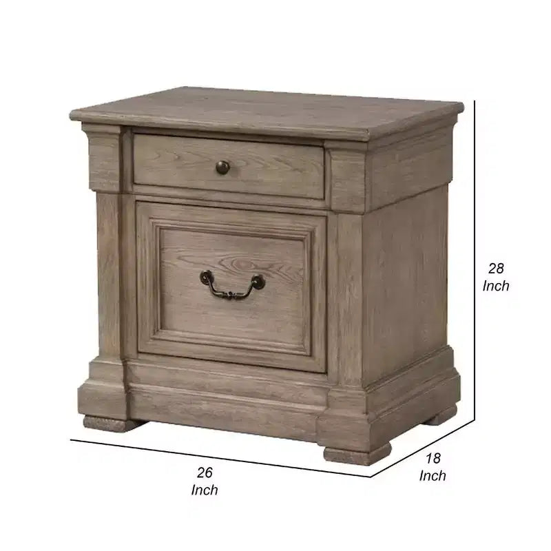 Royal Hampton Nightstand, 2 Drawers, Weathered Gray Solid Wood, 28 Inch