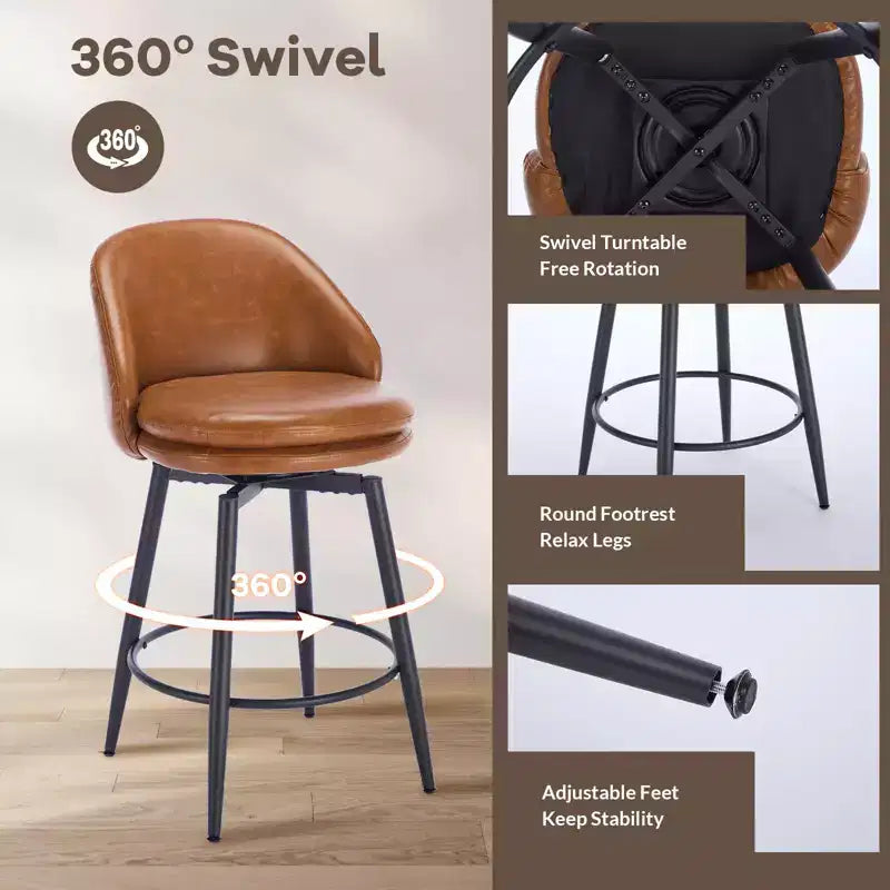 TruAIR 26 Bar Stools Set of 2 - Modern Swivel Counter Stools with Back & PU Leather for Kitchen Island
