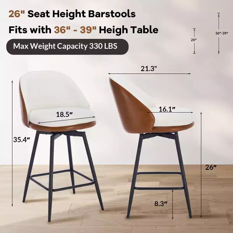 TruAIR 26 Bar Stools Set of 2 - Modern Swivel Counter Stools with Back & PU Leather for Kitchen Island