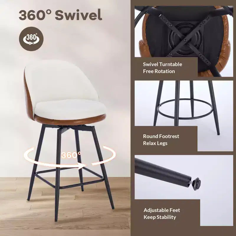 TruAIR 26 Bar Stools Set of 2 - Modern Swivel Counter Stools with Back & PU Leather for Kitchen Island
