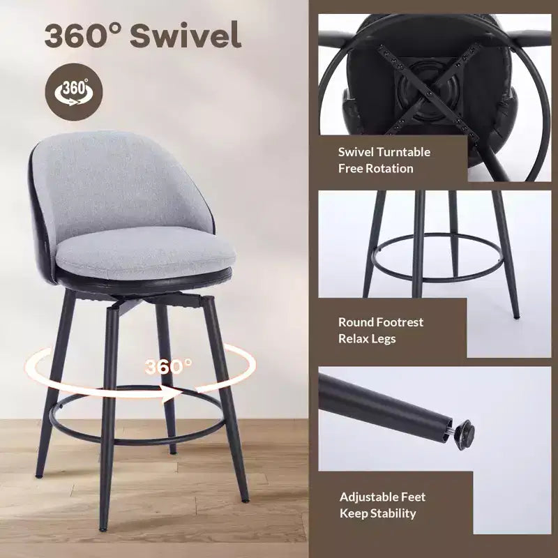 TruAIR 26 Bar Stools Set of 2 - Modern Swivel Counter Stools with Back & PU Leather for Kitchen Island
