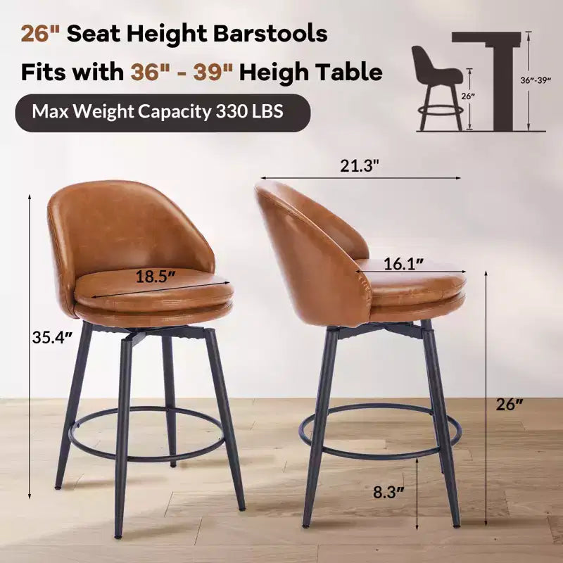 TruAIR 26 Bar Stools Set of 2 - Modern Swivel Counter Stools with Back & PU Leather for Kitchen Island