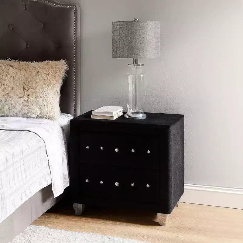 Royal Hampton Nightstand, 2 Drawers with Crystal Knobs, Black Velvet Upholstery