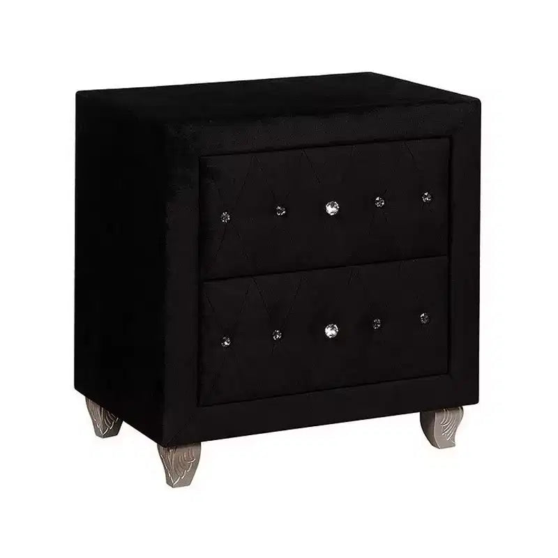 Royal Hampton Nightstand, 2 Drawers with Crystal Knobs, Black Velvet Upholstery