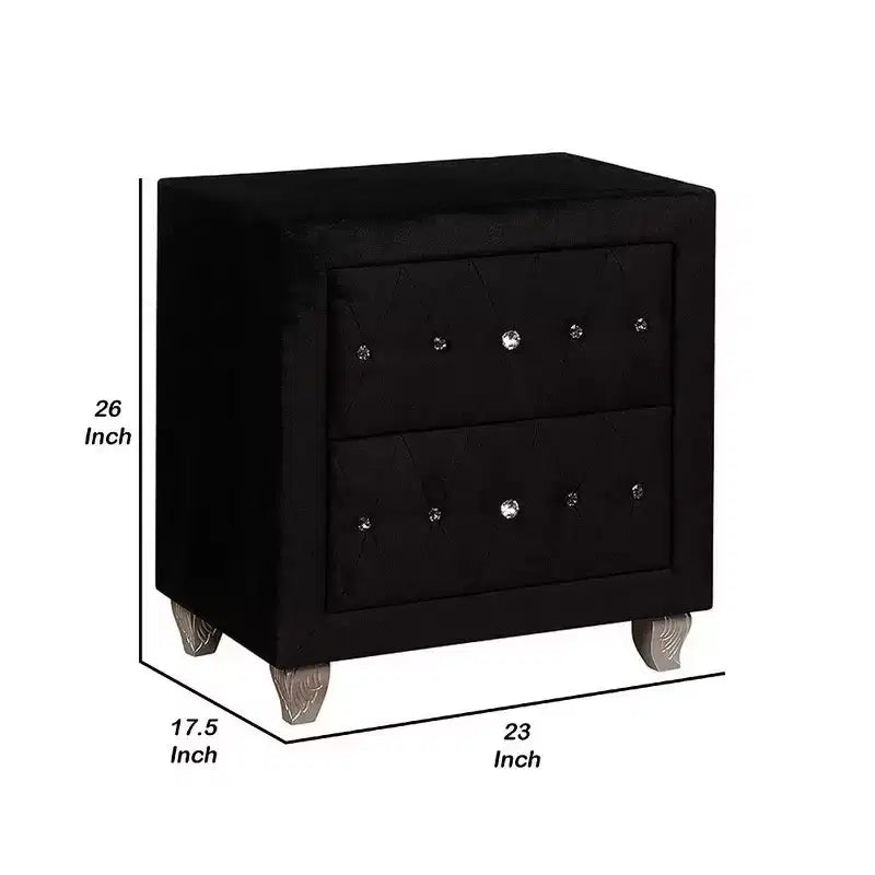 Royal Hampton Nightstand, 2 Drawers with Crystal Knobs, Black Velvet Upholstery