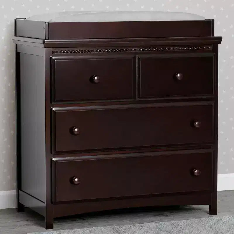 Delta Children Emerson 3 Drawer Dresser with Changing Top and Interlocking Drawers, Dark Chocolate