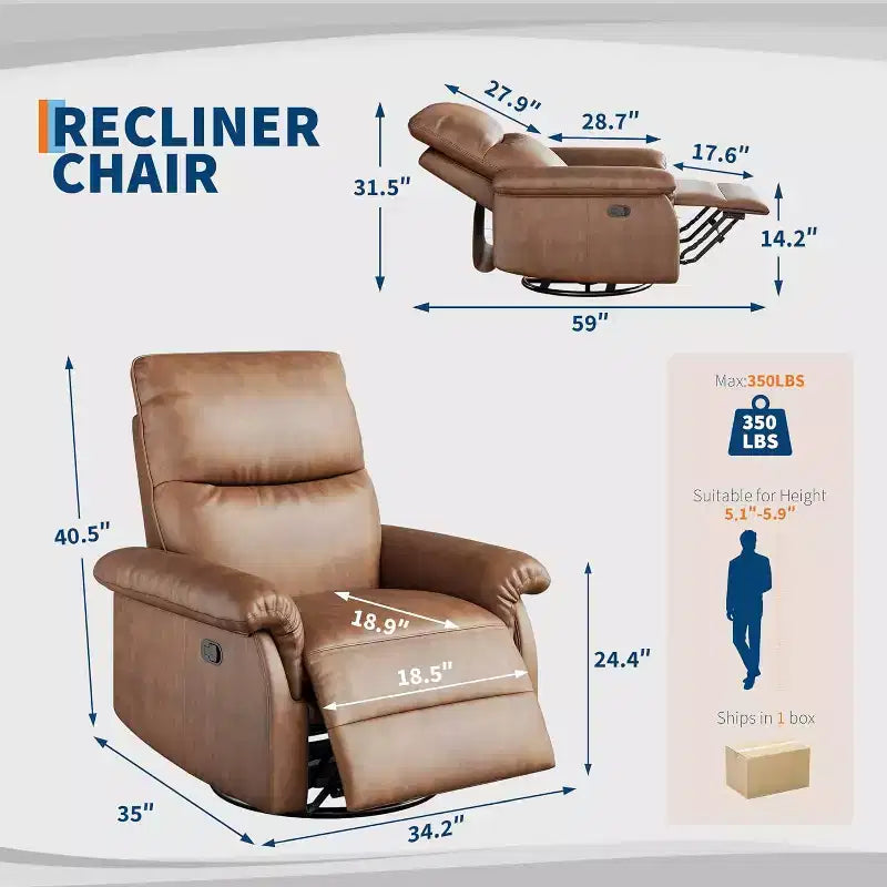 Manual Recliner Chair,360 Swivel Rocker Glider Nursery Chair with Padded Armrest and Deep Seat,Modern PU Leather Upholstered Reclining Chair