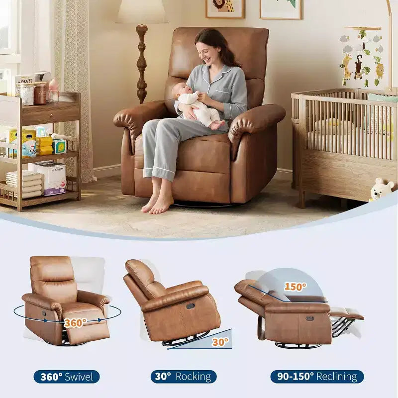 Manual Recliner Chair,360 Swivel Rocker Glider Nursery Chair with Padded Armrest and Deep Seat,Modern PU Leather Upholstered Reclining Chair