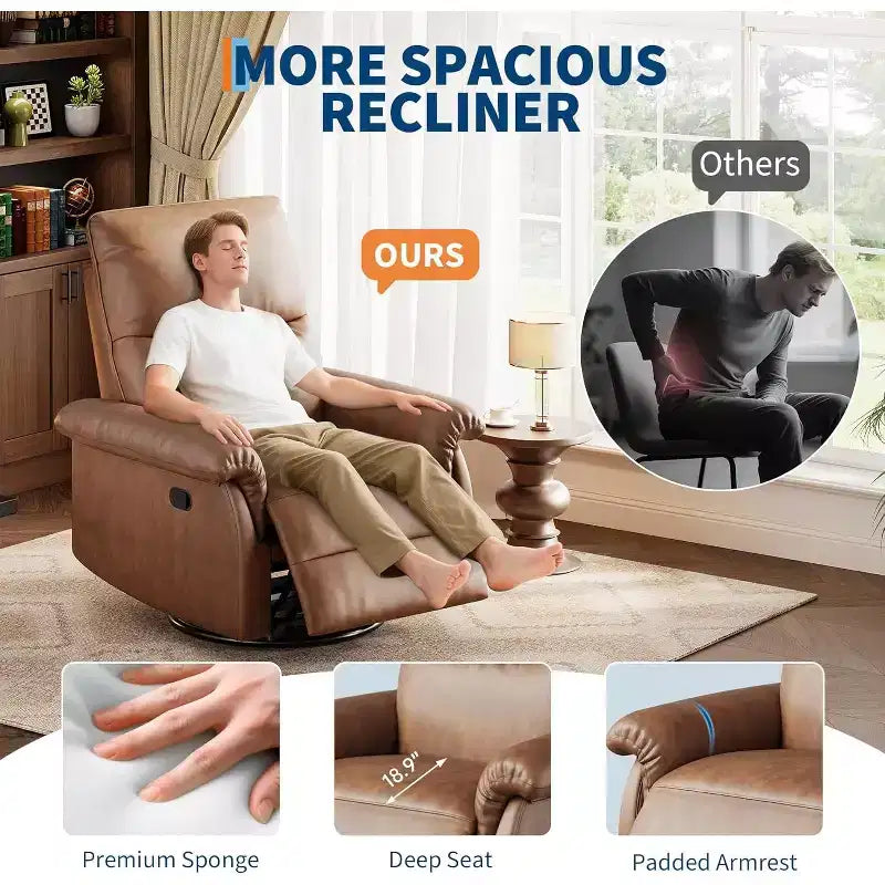Manual Recliner Chair,360 Swivel Rocker Glider Nursery Chair with Padded Armrest and Deep Seat,Modern PU Leather Upholstered Reclining Chair