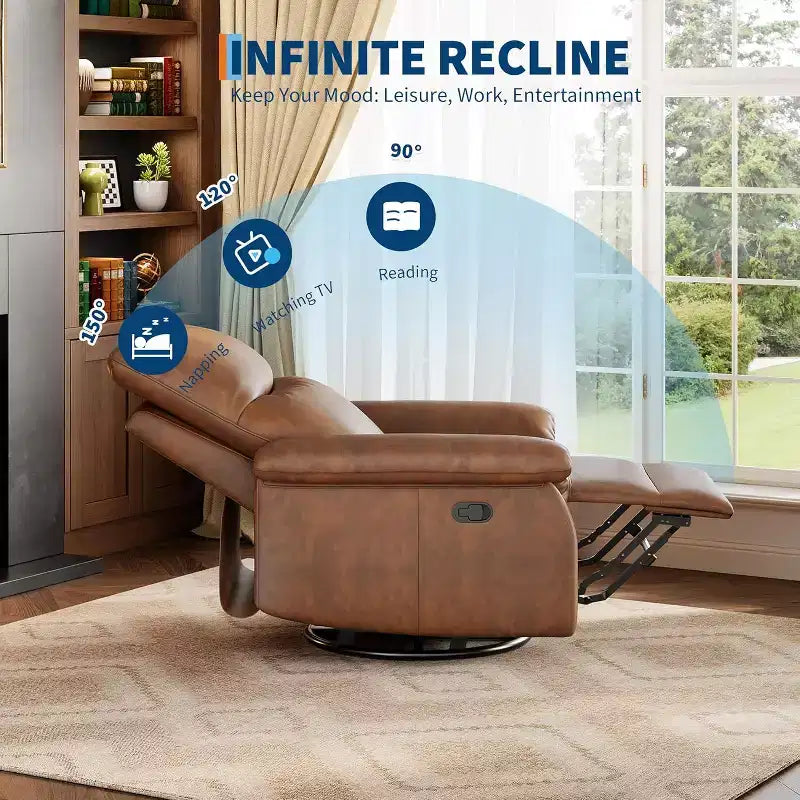 Manual Recliner Chair,360 Swivel Rocker Glider Nursery Chair with Padded Armrest and Deep Seat,Modern PU Leather Upholstered Reclining Chair