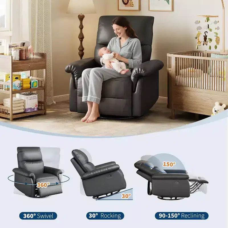 Manual Recliner Chair,360 Swivel Rocker Glider Nursery Chair with Padded Armrest and Deep Seat,Modern PU Leather Upholstered Reclining Chair