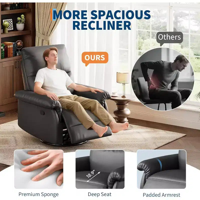 Manual Recliner Chair,360 Swivel Rocker Glider Nursery Chair with Padded Armrest and Deep Seat,Modern PU Leather Upholstered Reclining Chair