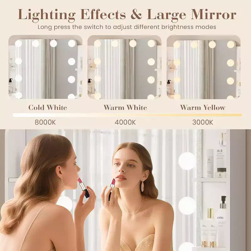 Makeup Vanity Desk with Mirror and 12 LED Lights, White Vanity Table with Power Outlet, Modern Dressing Table Furniture for Bedroom